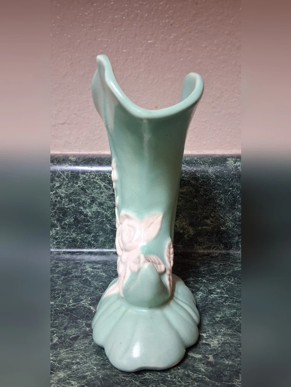 1930s Weller Cameo Rose Cornucopia Vase Blue with White Roses 6.5”